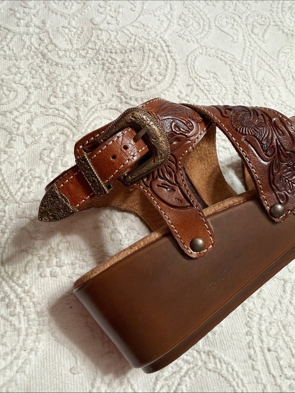 Roper Sandals Size 9 Brown Western Tooled Leather Platform - Picture 8 of 11